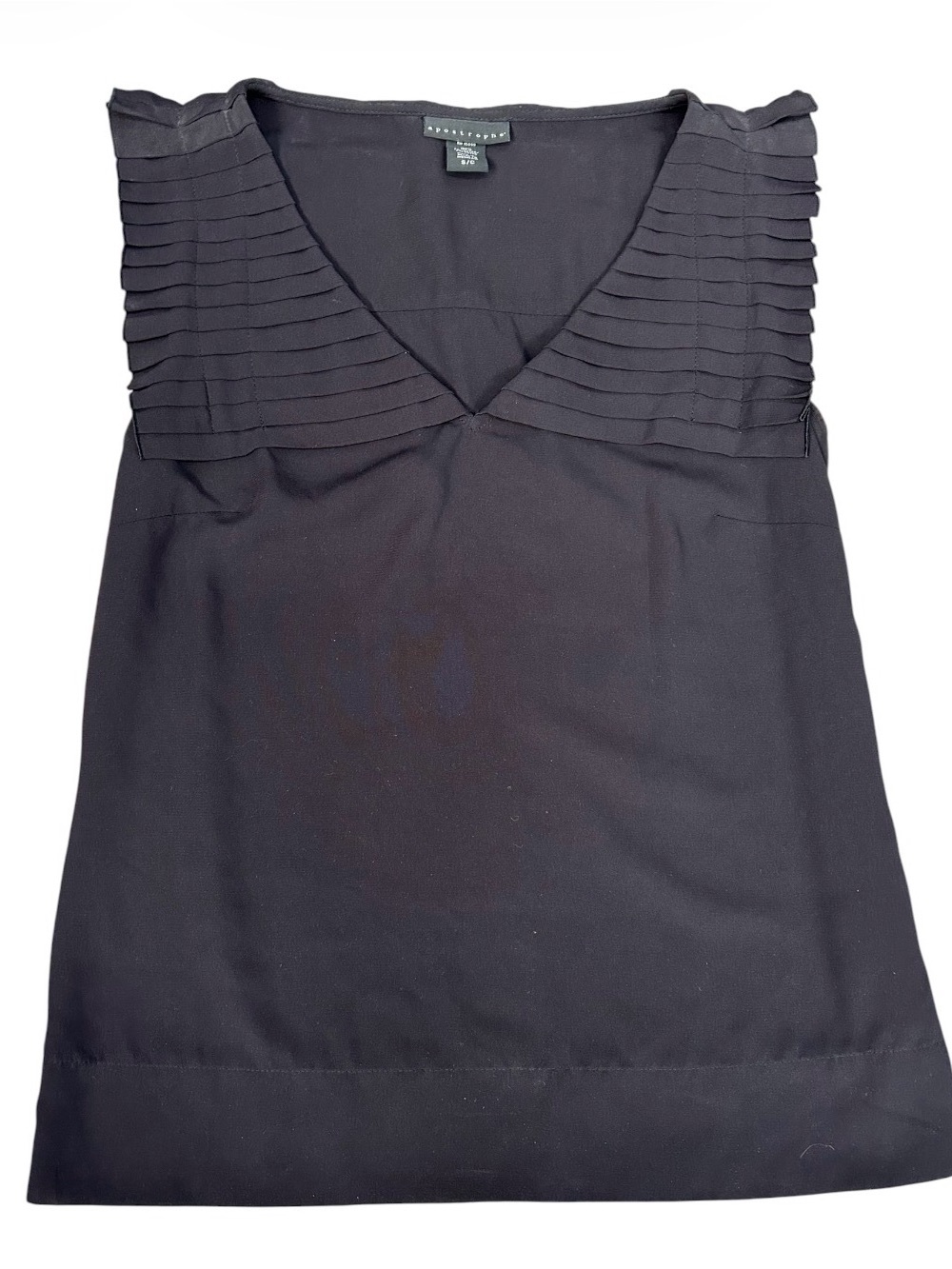Apostrophe V-Neck Pleated Yoke Detail Black Sleeveless Shell Sz